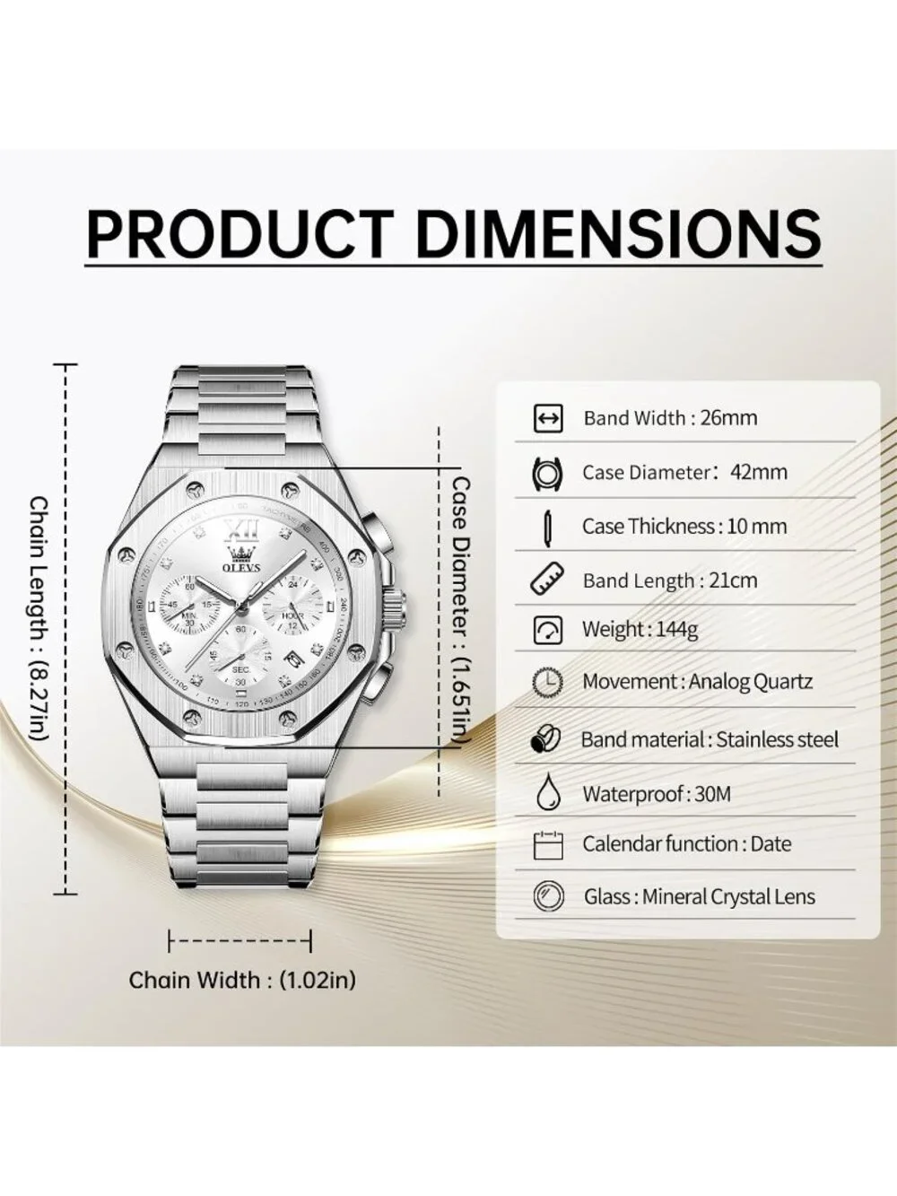 Men's Silver Luxury Stainless Octagon Analog Quartz Chronograph Waterproof Watch